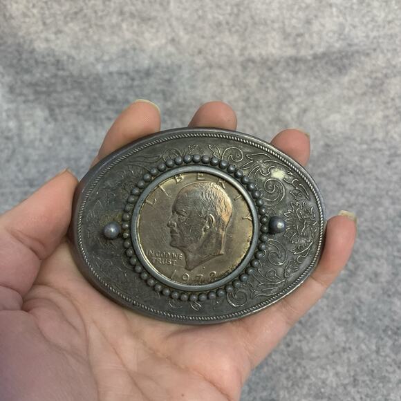 1972-D Eisenhower Silver Dollar Coin Vintage Western Belt Buckle, 3.25” X 2.5” - Picture 5 of 8